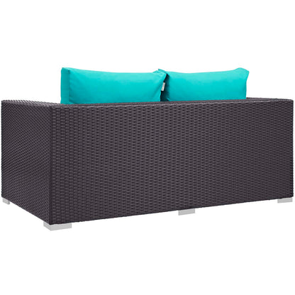 Convene 4 Piece Set Outdoor Patio with Fire Pit, Fabric Rattan Wicker, Blue, 17601