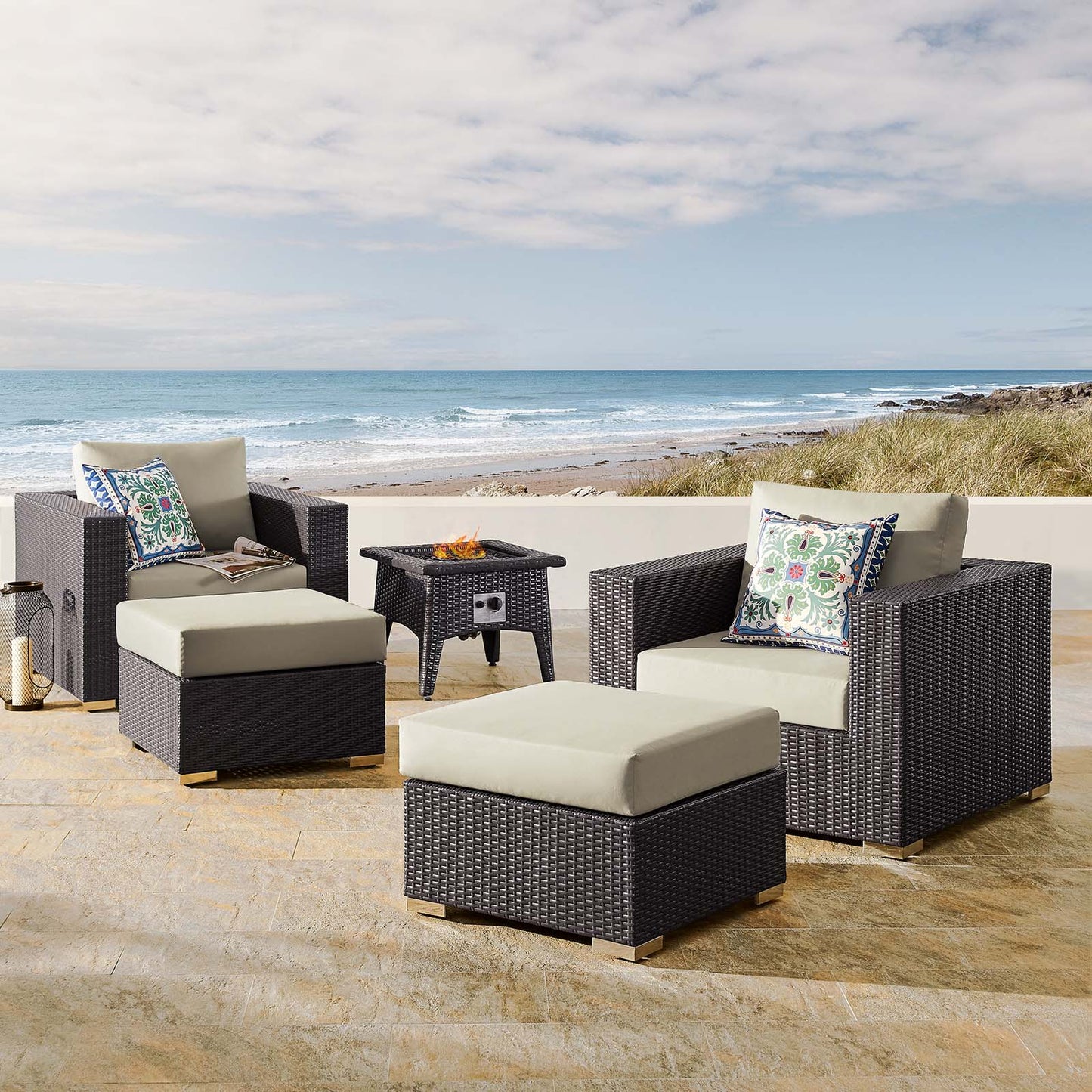 Convene 5 Piece Set Outdoor Patio with Fire Pit, Fabric Rattan Wicker, Beige, 17603
