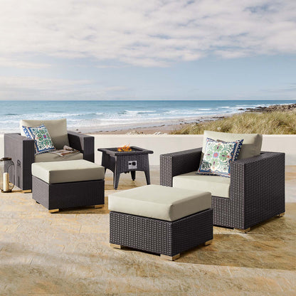 Convene 5 Piece Set Outdoor Patio with Fire Pit, Fabric Rattan Wicker, Beige, 17603