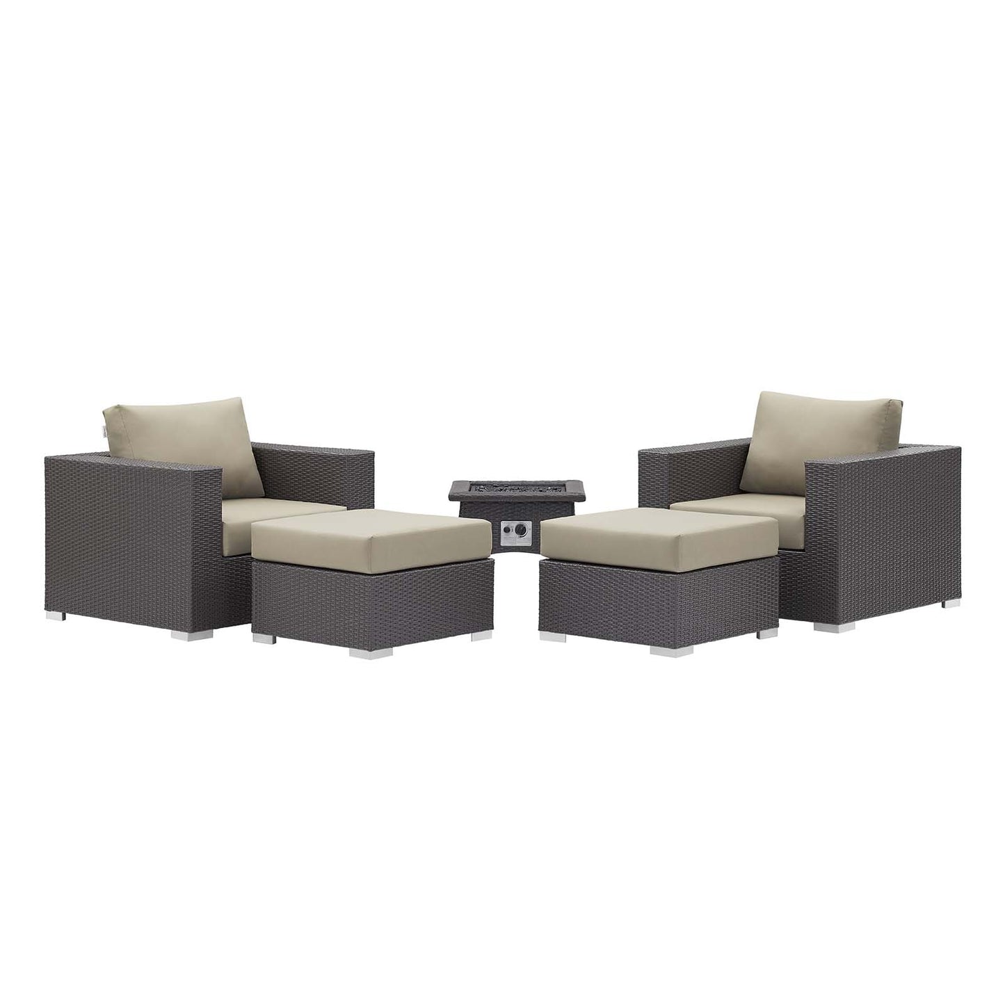 Convene 5 Piece Set Outdoor Patio with Fire Pit, Fabric Rattan Wicker, Beige, 17603