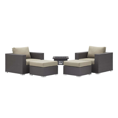 Convene 5 Piece Set Outdoor Patio with Fire Pit, Fabric Rattan Wicker, Beige, 17603