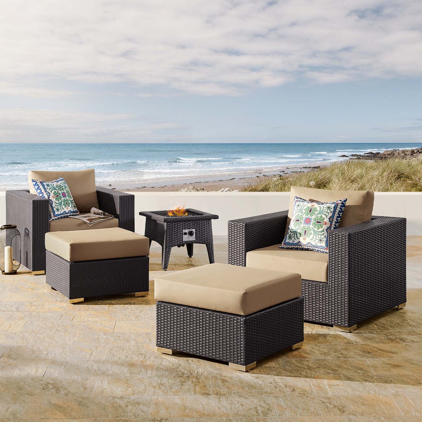 Convene 5 Piece Set Outdoor Patio with Fire Pit, Fabric Rattan Wicker, Light Brown, 17604
