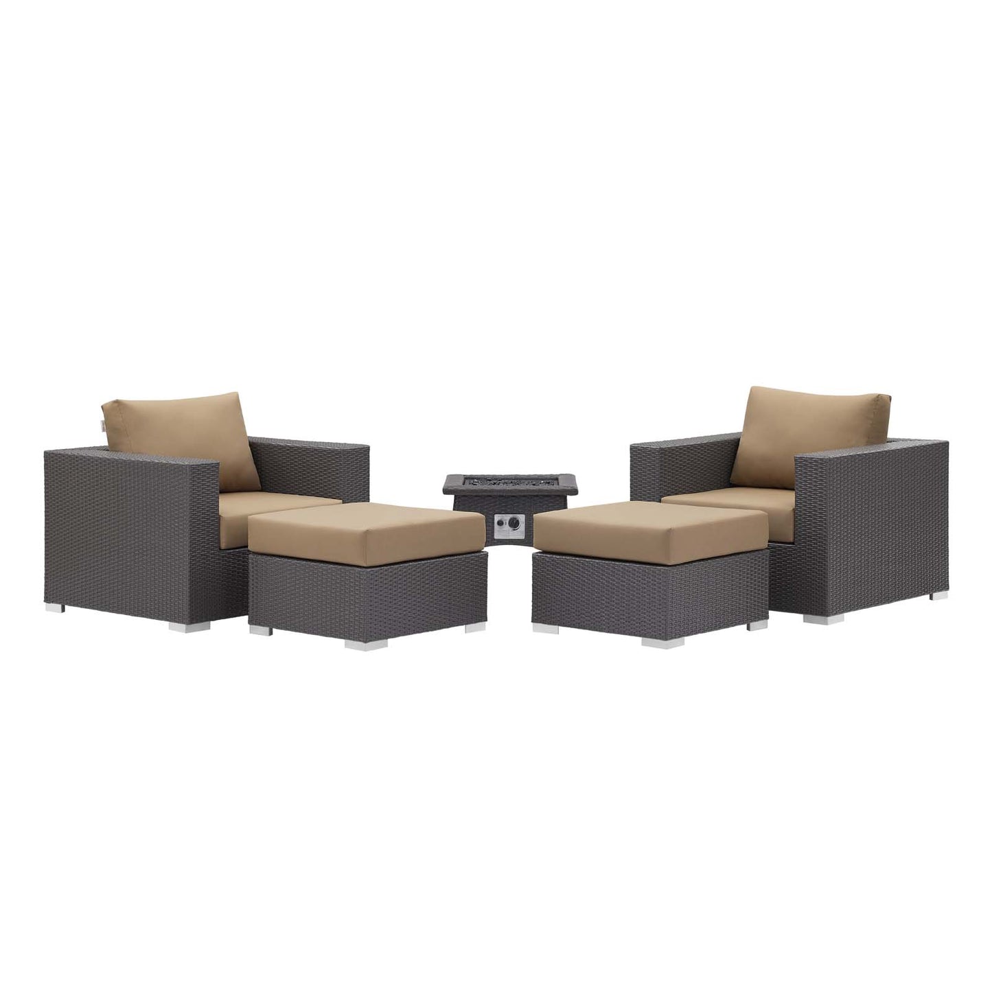 Convene 5 Piece Set Outdoor Patio with Fire Pit, Fabric Rattan Wicker, Light Brown, 17604
