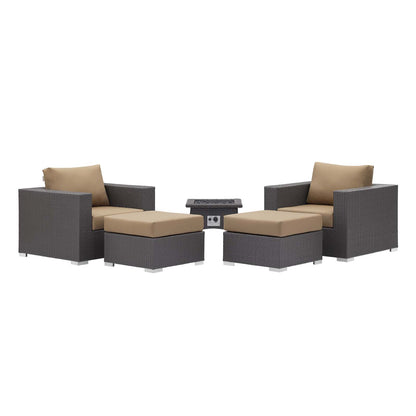 Convene 5 Piece Set Outdoor Patio with Fire Pit, Fabric Rattan Wicker, Light Brown, 17604