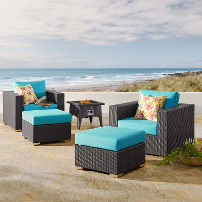 Convene 5 Piece Set Outdoor Patio with Fire Pit, Fabric Rattan Wicker, Blue, 17606