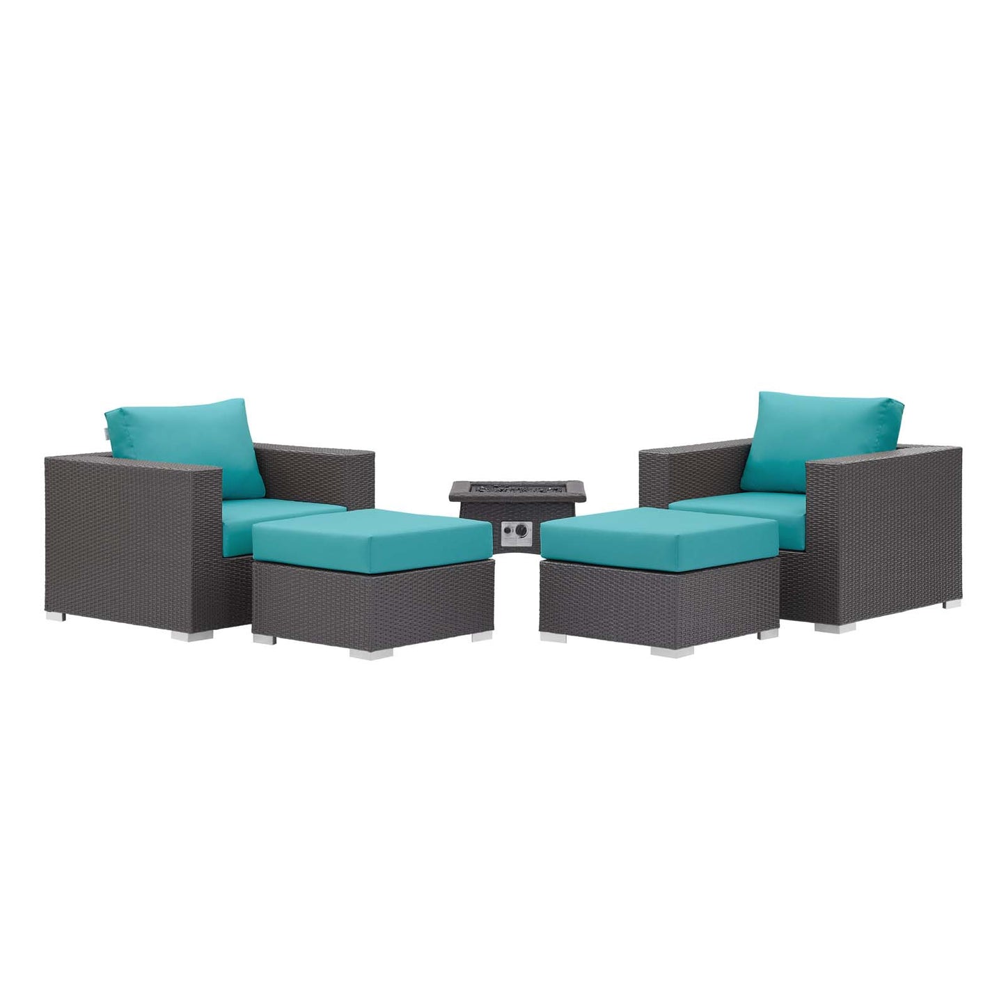 Convene 5 Piece Set Outdoor Patio with Fire Pit, Fabric Rattan Wicker, Blue, 17606