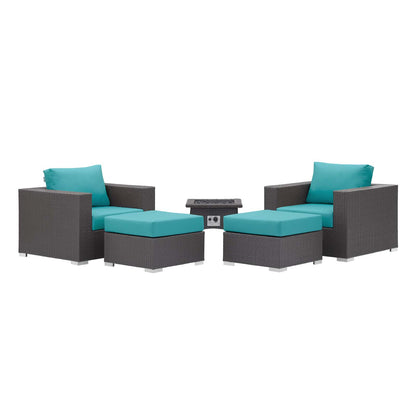 Convene 5 Piece Set Outdoor Patio with Fire Pit, Fabric Rattan Wicker, Blue, 17606