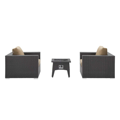 Convene 3 Piece Set Outdoor Patio with Fire Pit, Fabric Rattan Wicker, Light Brown, 17609