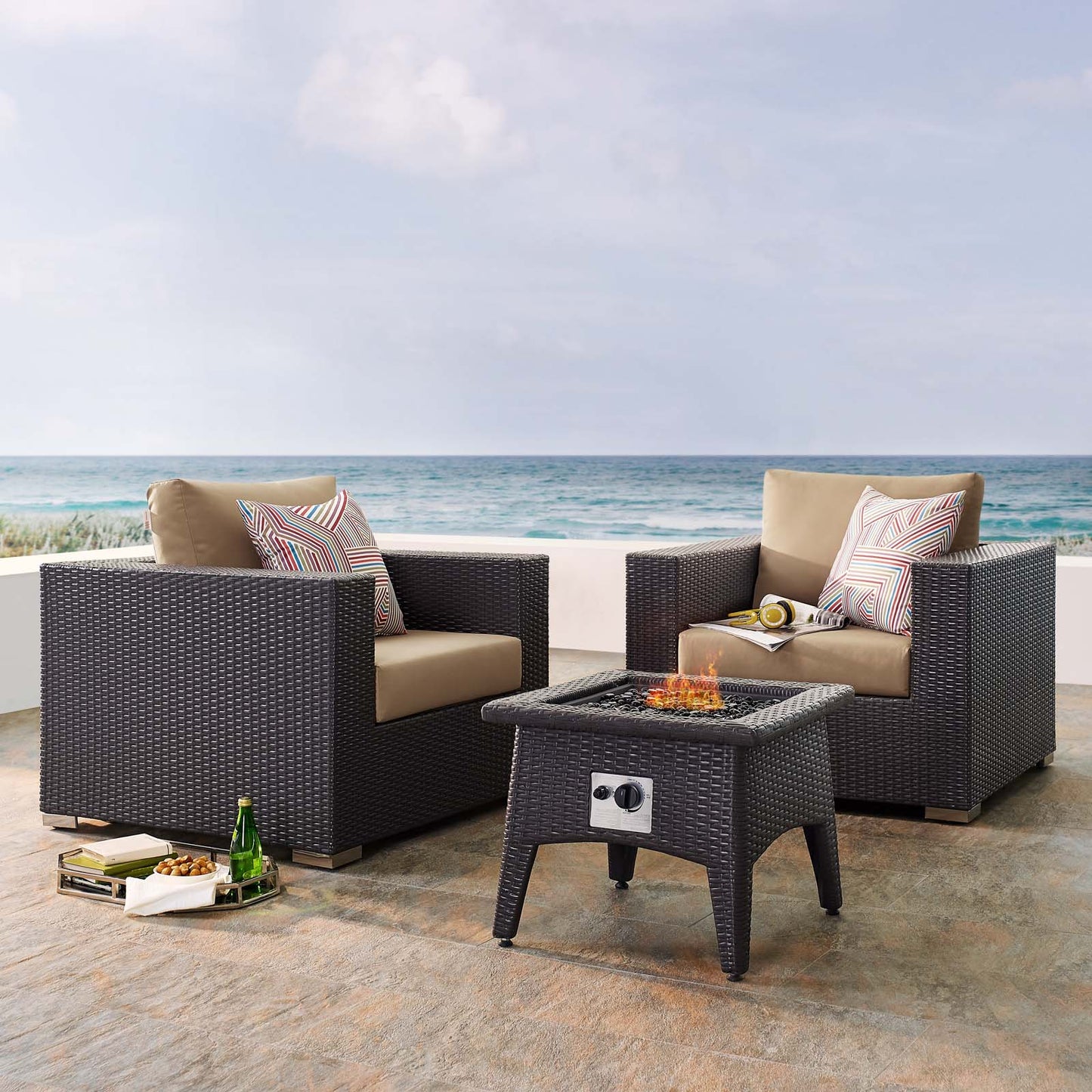 Convene 3 Piece Set Outdoor Patio with Fire Pit, Fabric Rattan Wicker, Light Brown, 17609