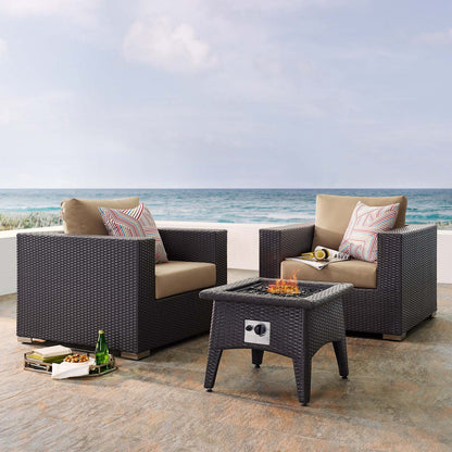 Convene 3 Piece Set Outdoor Patio with Fire Pit, Fabric Rattan Wicker, Light Brown, 17609