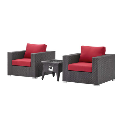 Convene 3 Piece Set Outdoor Patio with Fire Pit, Fabric Rattan Wicker, Red, 17610