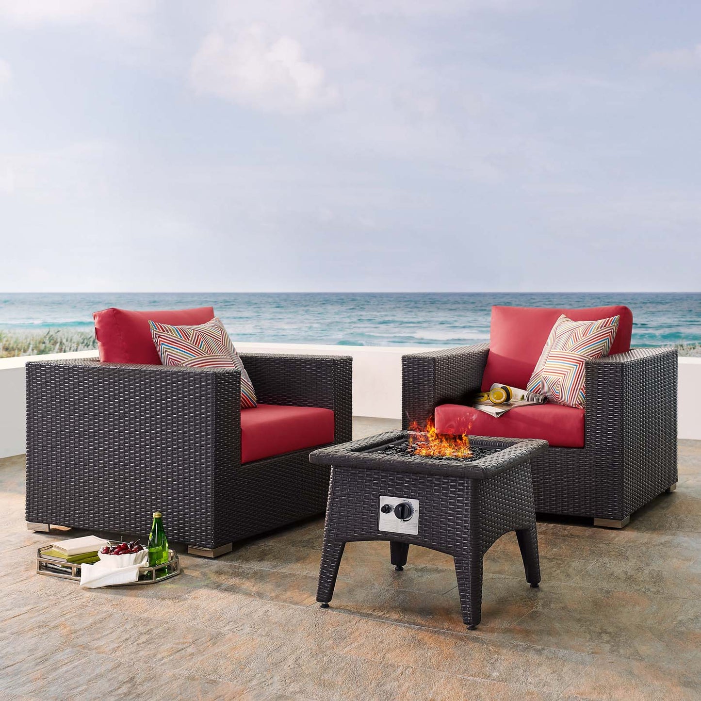 Convene 3 Piece Set Outdoor Patio with Fire Pit, Fabric Rattan Wicker, Red, 17610