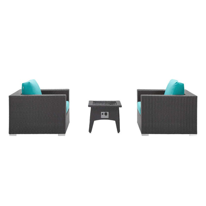 Convene 3 Piece Set Outdoor Patio with Fire Pit, Fabric Rattan Wicker, Blue, 17611