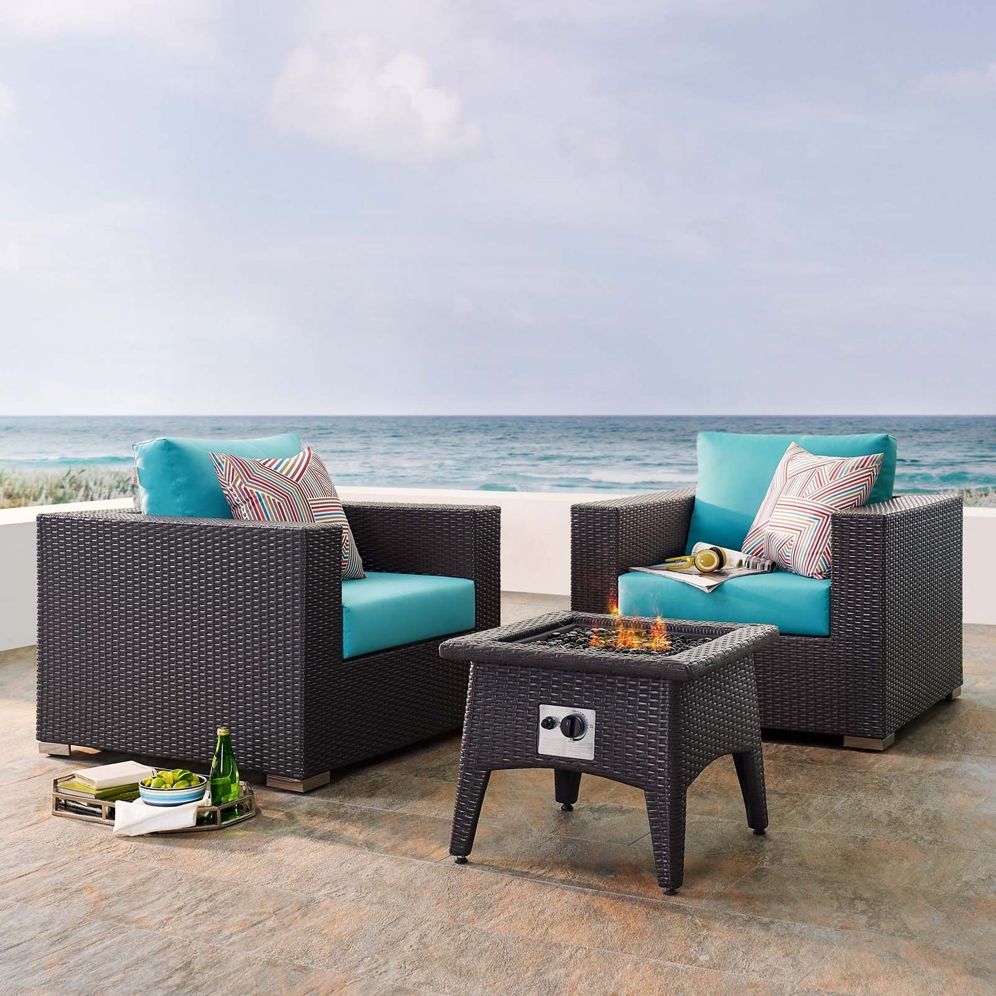 Convene 3 Piece Set Outdoor Patio with Fire Pit, Fabric Rattan Wicker, Blue, 17611