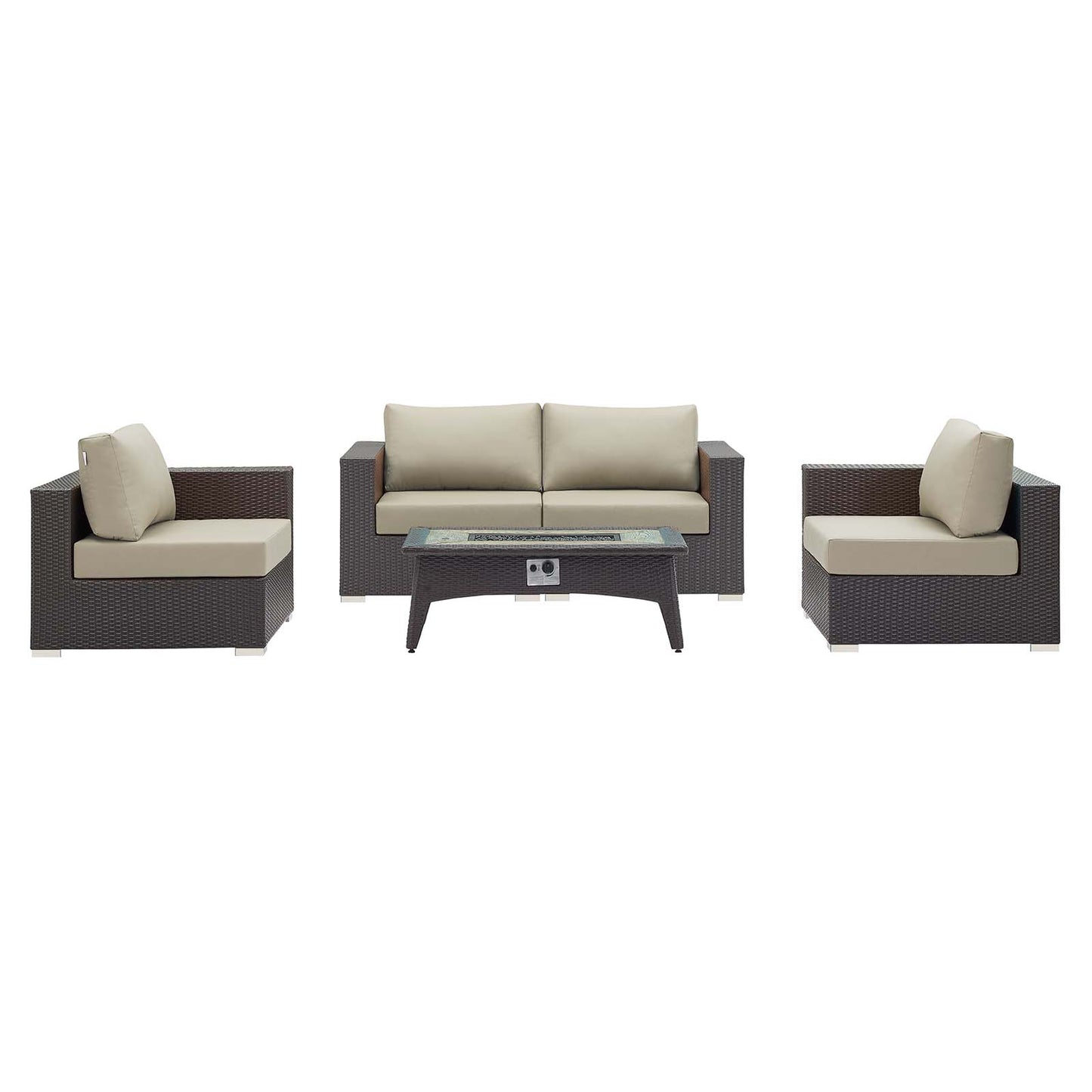 Convene 5 Piece Set Outdoor Patio with Fire Pit, Fabric Rattan Wicker, Beige, 17613