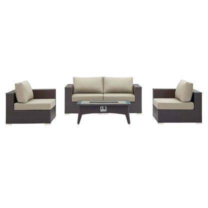 Convene 5 Piece Set Outdoor Patio with Fire Pit, Fabric Rattan Wicker, Beige, 17613