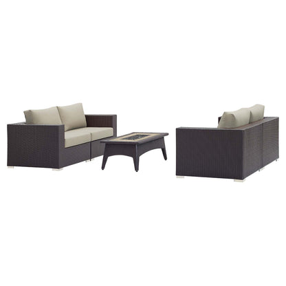 Convene 5 Piece Set Outdoor Patio with Fire Pit, Fabric Rattan Wicker, Beige, 17613