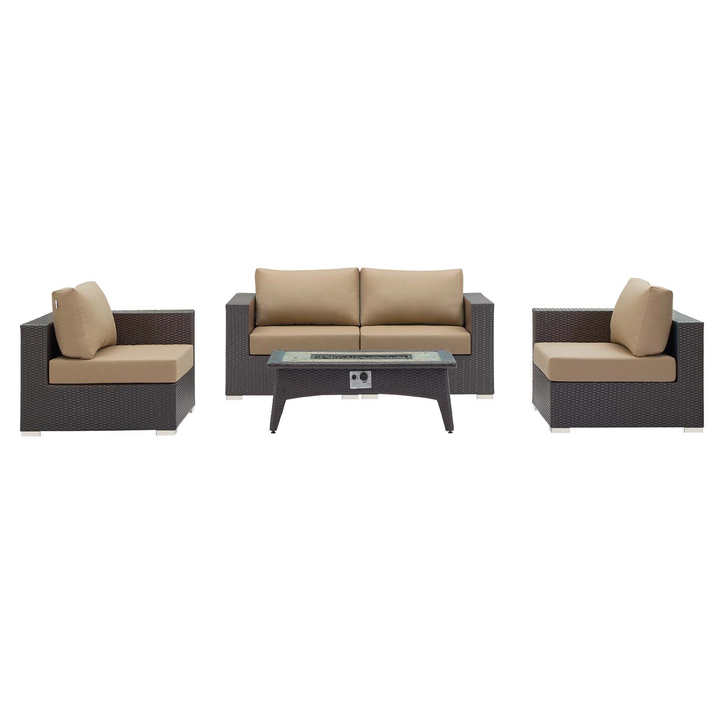 Convene 5 Piece Set Outdoor Patio with Fire Pit, Fabric Rattan Wicker, Light Brown, 17895