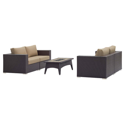 Convene 5 Piece Set Outdoor Patio with Fire Pit, Fabric Rattan Wicker, Light Brown, 17895