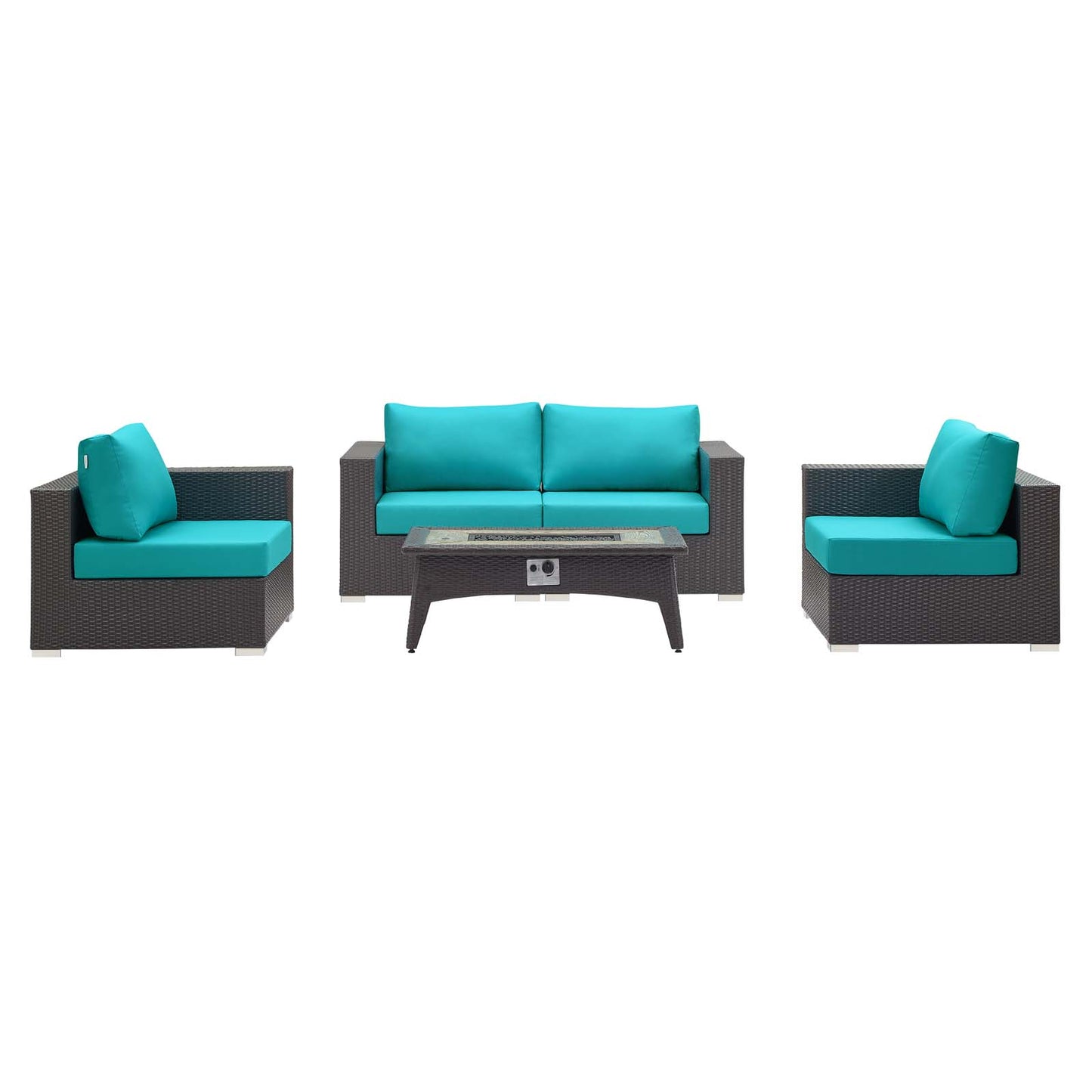 Convene 5 Piece Set Outdoor Patio with Fire Pit, Fabric Rattan Wicker, Blue, 17897