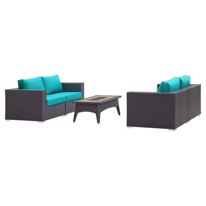 Convene 5 Piece Set Outdoor Patio with Fire Pit, Fabric Rattan Wicker, Blue, 17897