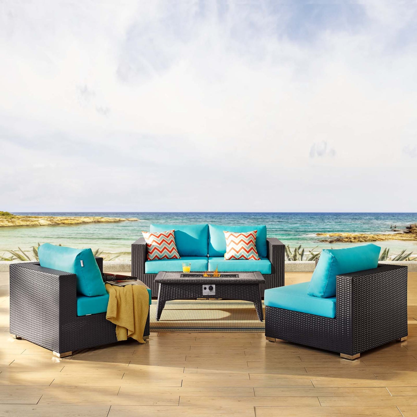 Convene 5 Piece Set Outdoor Patio with Fire Pit, Fabric Rattan Wicker, Blue, 17897