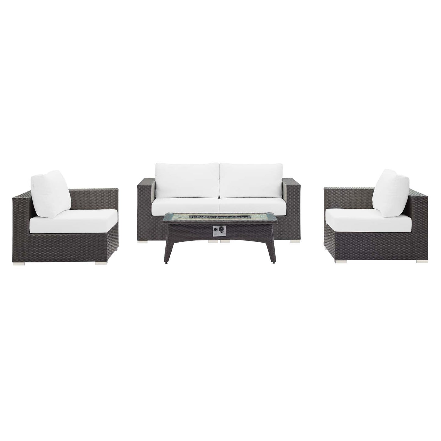 Convene 5 Piece Set Outdoor Patio with Fire Pit, Fabric Rattan Wicker, White, 17898