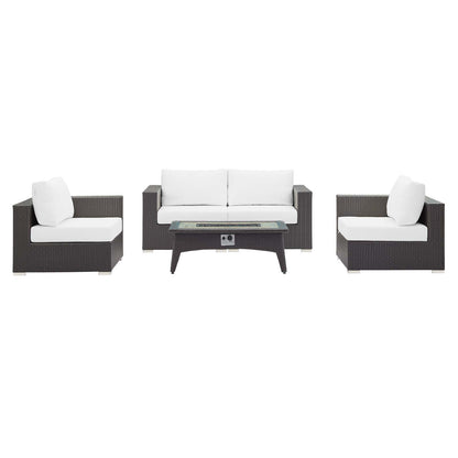 Convene 5 Piece Set Outdoor Patio with Fire Pit, Fabric Rattan Wicker, White, 17898