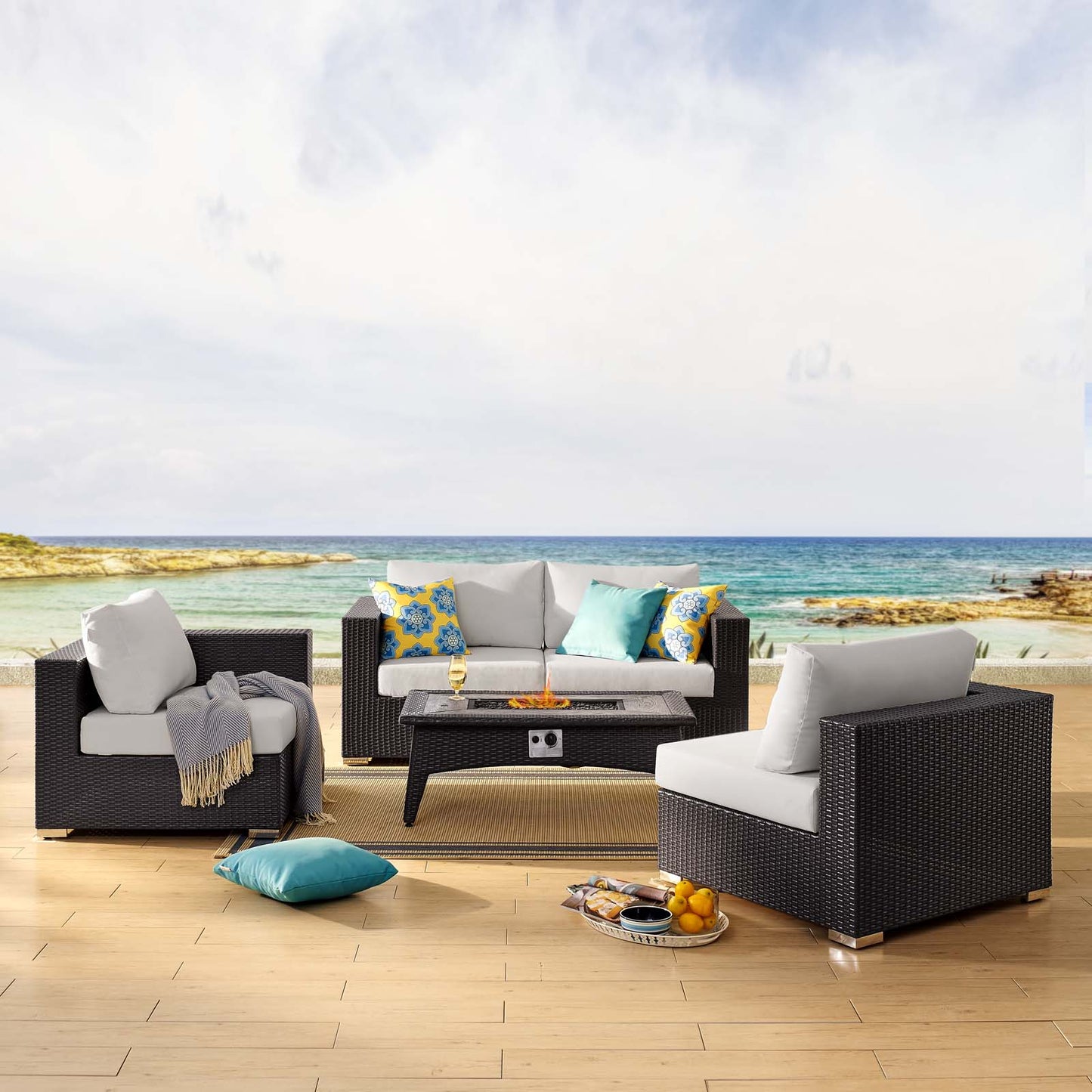 Convene 5 Piece Set Outdoor Patio with Fire Pit, Fabric Rattan Wicker, White, 17898
