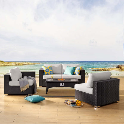 Convene 5 Piece Set Outdoor Patio with Fire Pit, Fabric Rattan Wicker, White, 17898