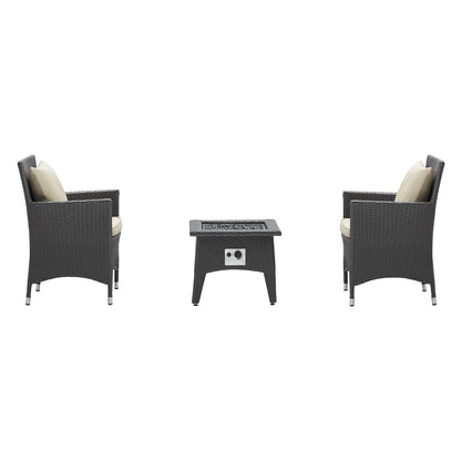 Convene 3 Piece Set Outdoor Patio with Fire Pit, Fabric Rattan Wicker, Beige, 17899