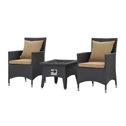 Convene 3 Piece Set Outdoor Patio with Fire Pit, Fabric Rattan Wicker, Light Brown, 17900