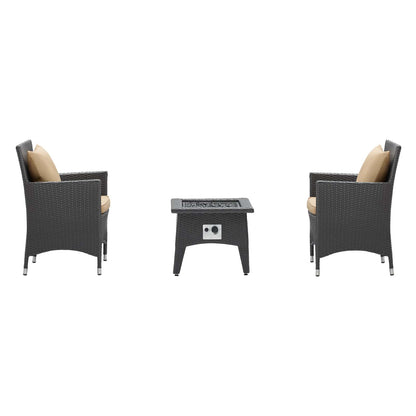 Convene 3 Piece Set Outdoor Patio with Fire Pit, Fabric Rattan Wicker, Light Brown, 17900