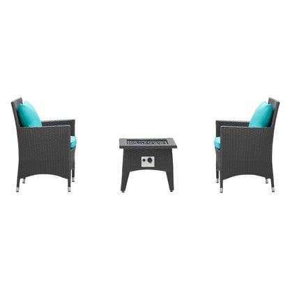 Convene 3 Piece Set Outdoor Patio with Fire Pit, Fabric Rattan Wicker, Blue, 17902
