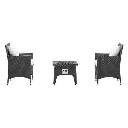 Convene 3 Piece Set Outdoor Patio with Fire Pit, Fabric Rattan Wicker, White, 17903