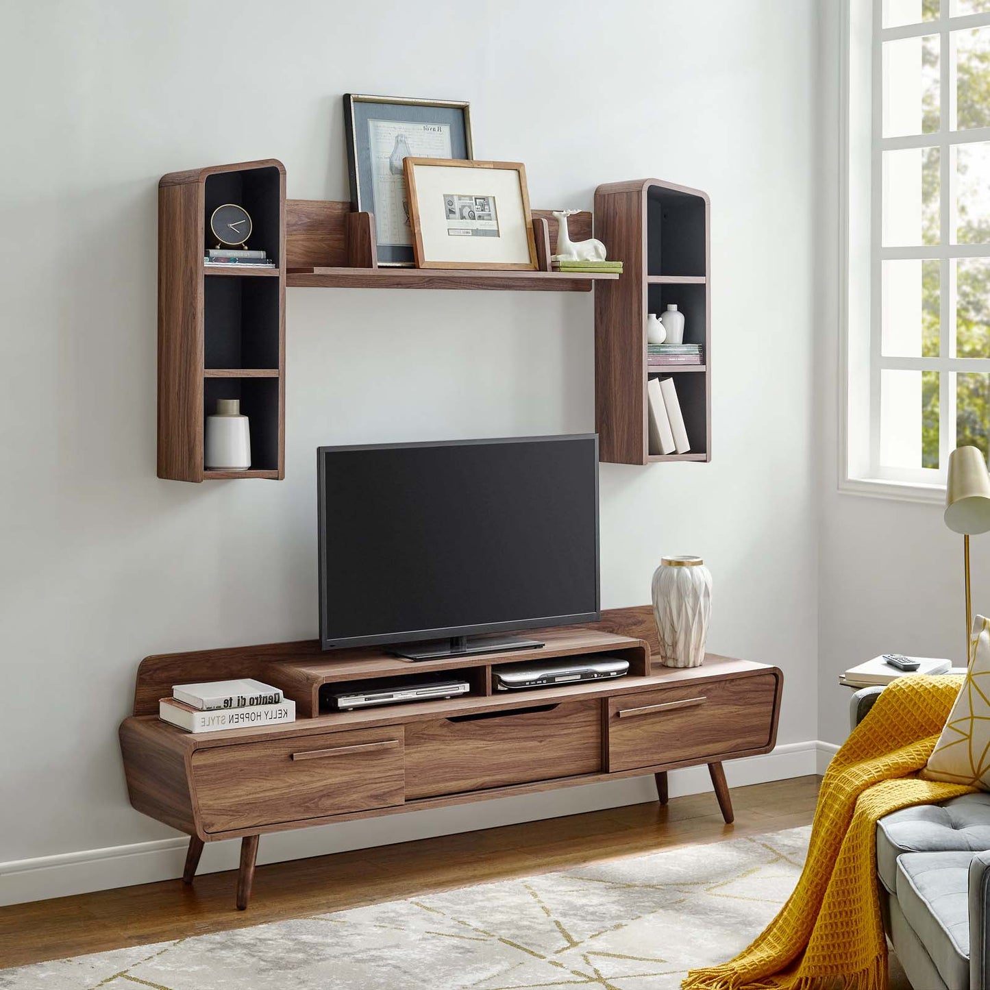 Omnistand 2 Piece Entertainment Center, Wood, Natural Walnut Gray Grey, 17905