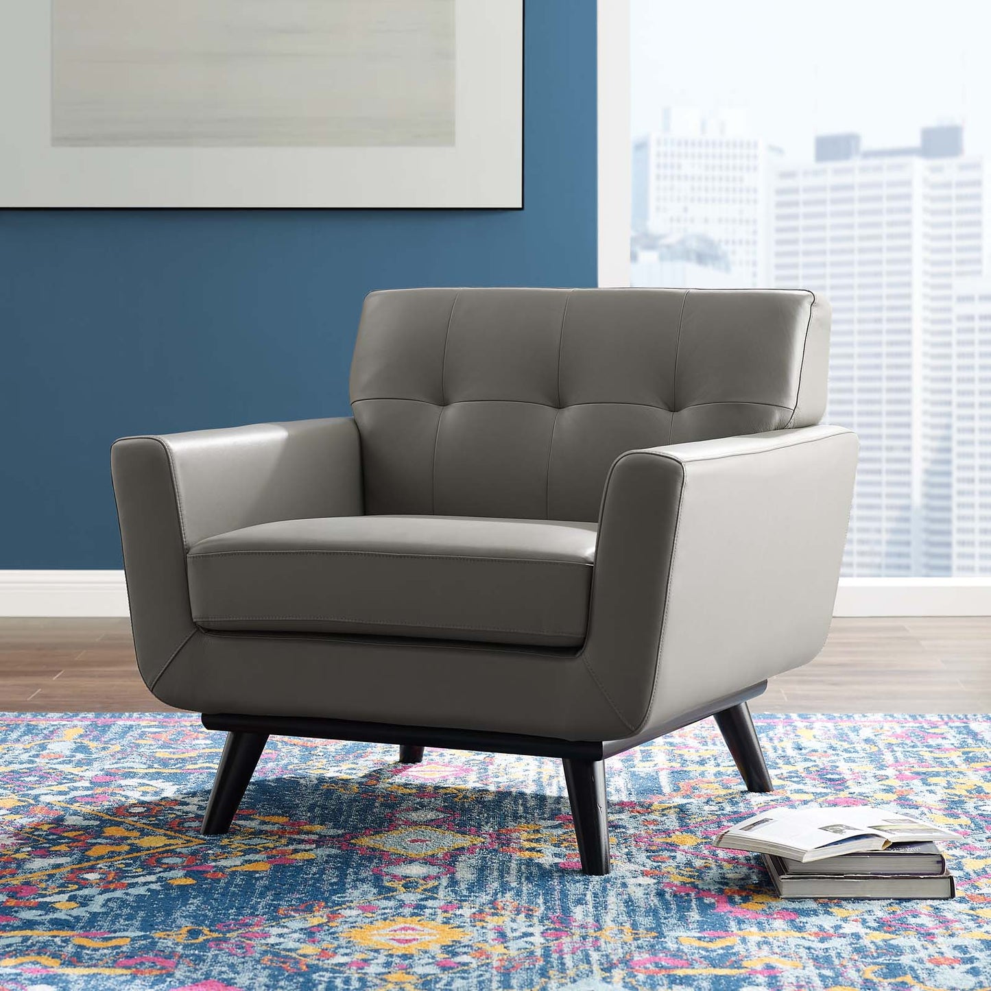 Engage Top-Grain Leather Living Room Lounge Accent Armchair, Leather, Grey Gray, 18317