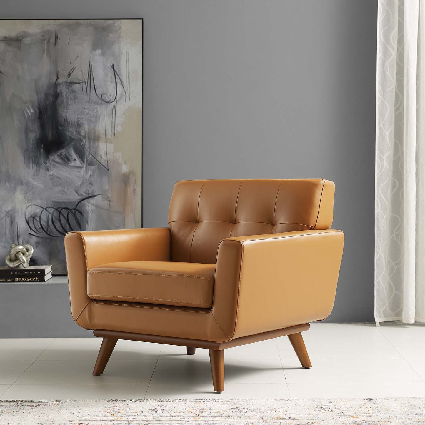 Engage Top-Grain Leather Living Room Lounge Accent Armchair, Leather, Tan, 18318