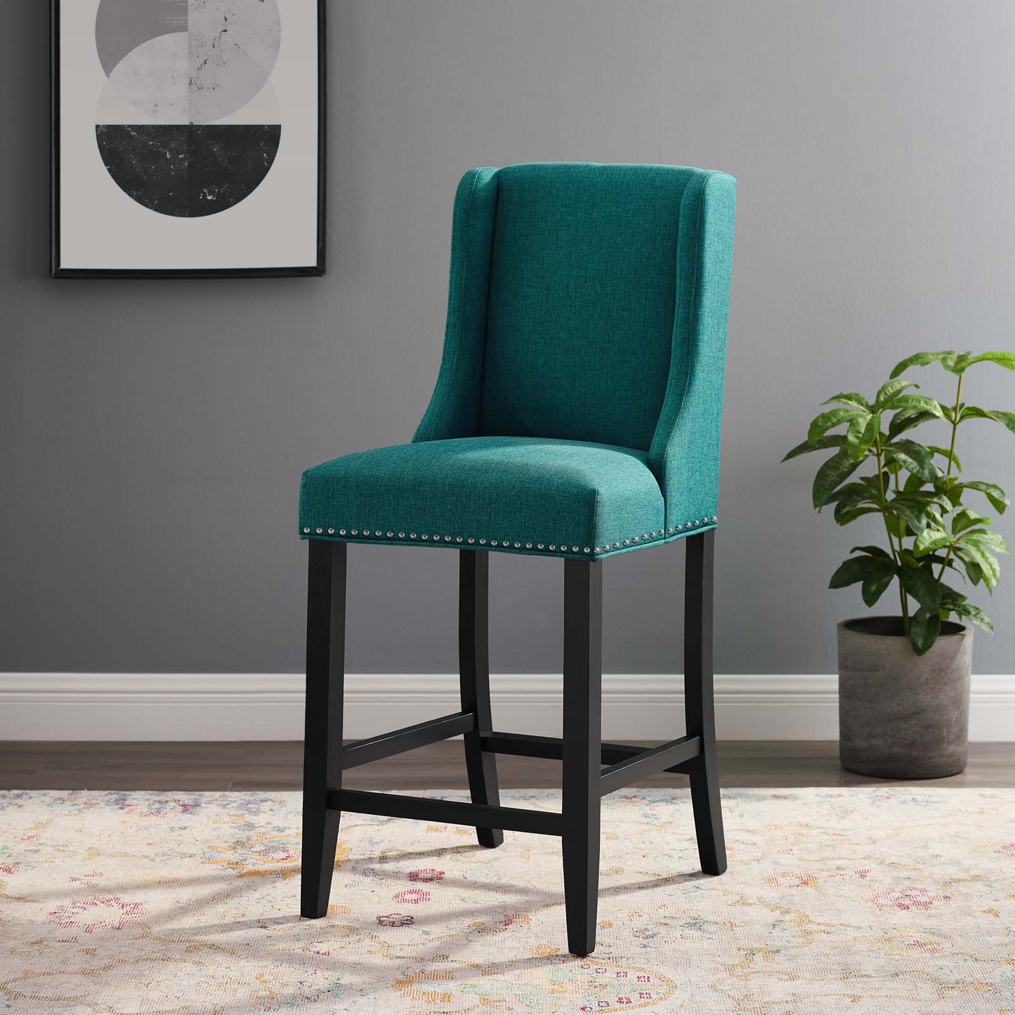 Baron Upholstered Fabric Counter Stool, Fabric, Wood, Teal Blue, 18323