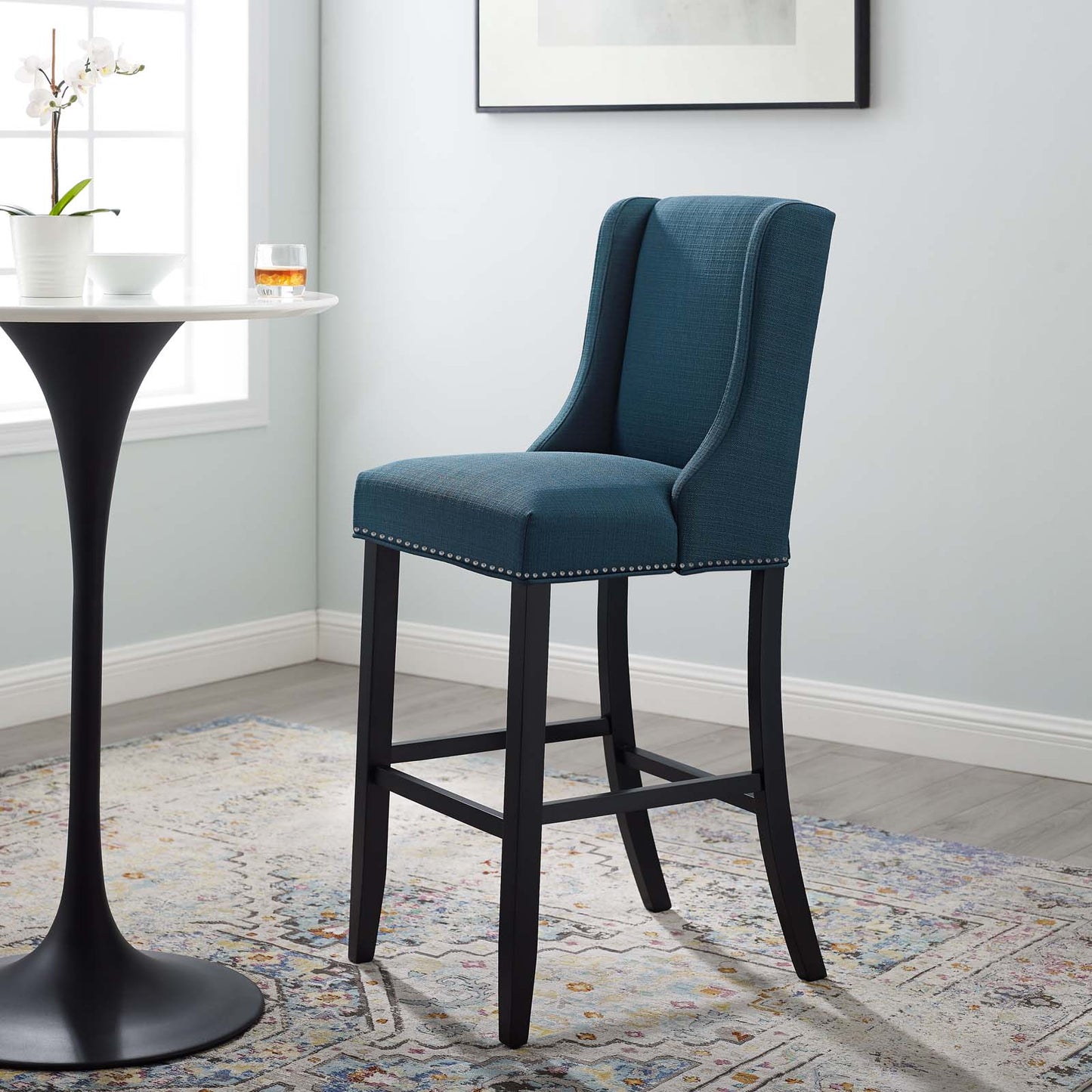 Baron Upholstered Fabric Bar Stool, Fabric, Wood, Navy Blue, 18325