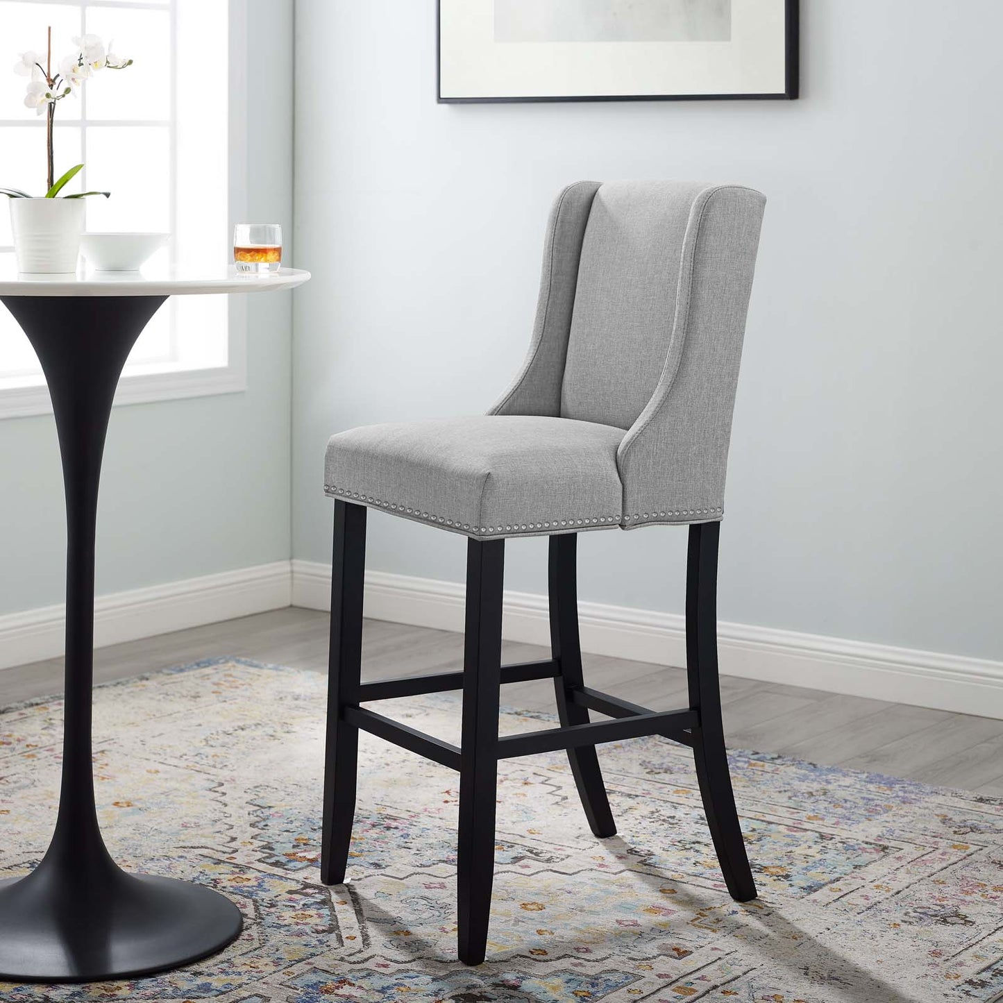 Baron Upholstered Fabric Bar Stool, Fabric, Wood, Light Grey Gray, 18328