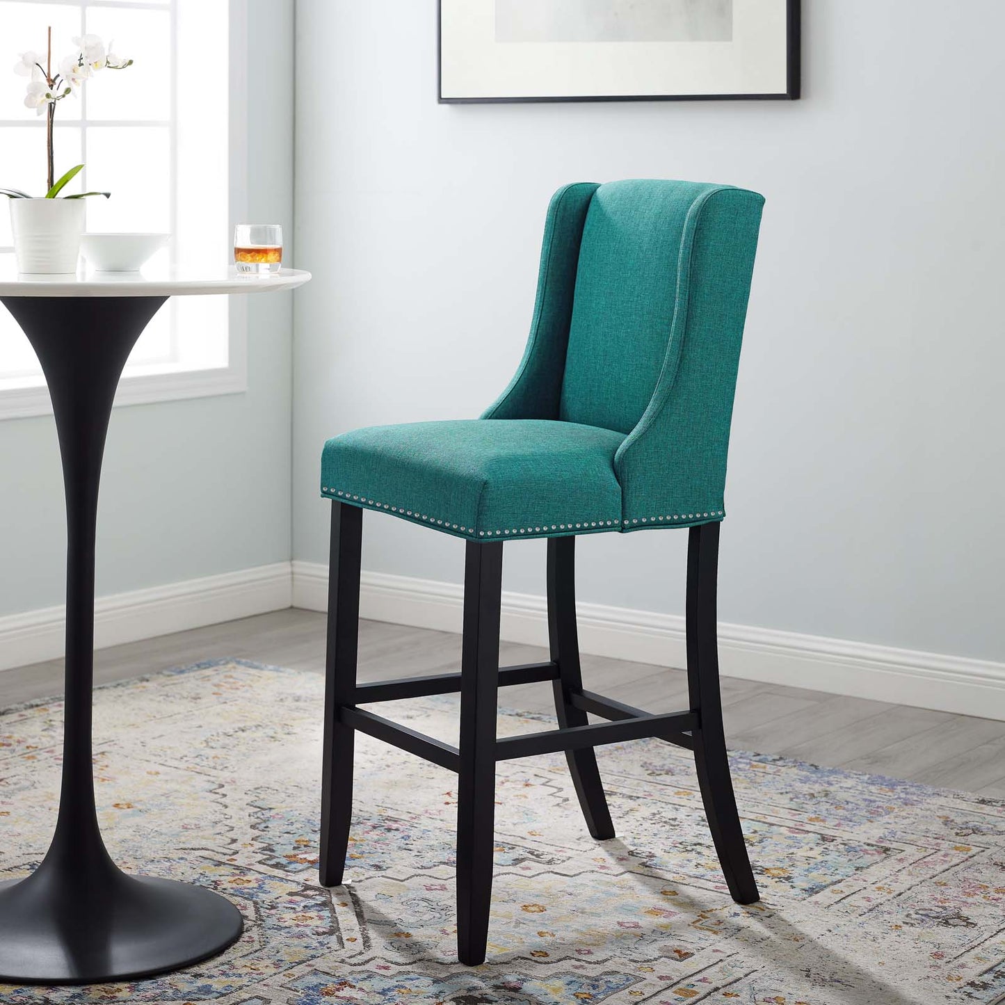 Baron Upholstered Fabric Bar Stool, Fabric, Wood, Teal Blue, 18329