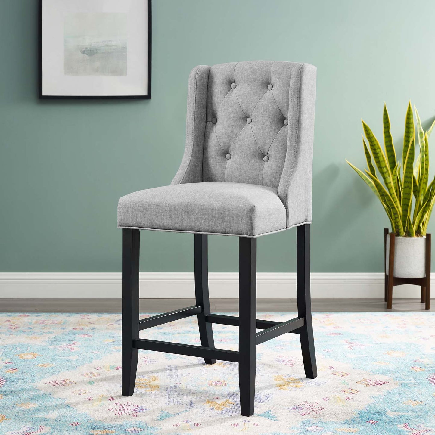 Baronet Tufted Button Upholstered Fabric Counter Stool, Fabric, Wood, Light Grey Gray, 18334