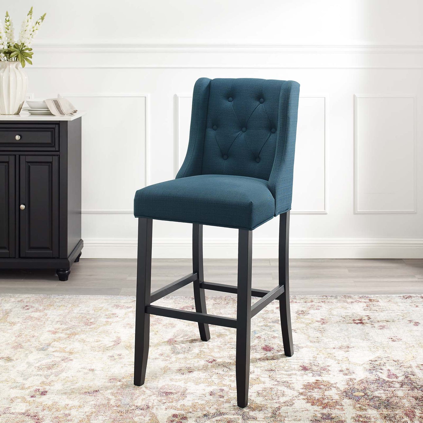 Baronet Tufted Button Upholstered Fabric Bar Stool, Fabric, Wood, Navy Blue, 18337