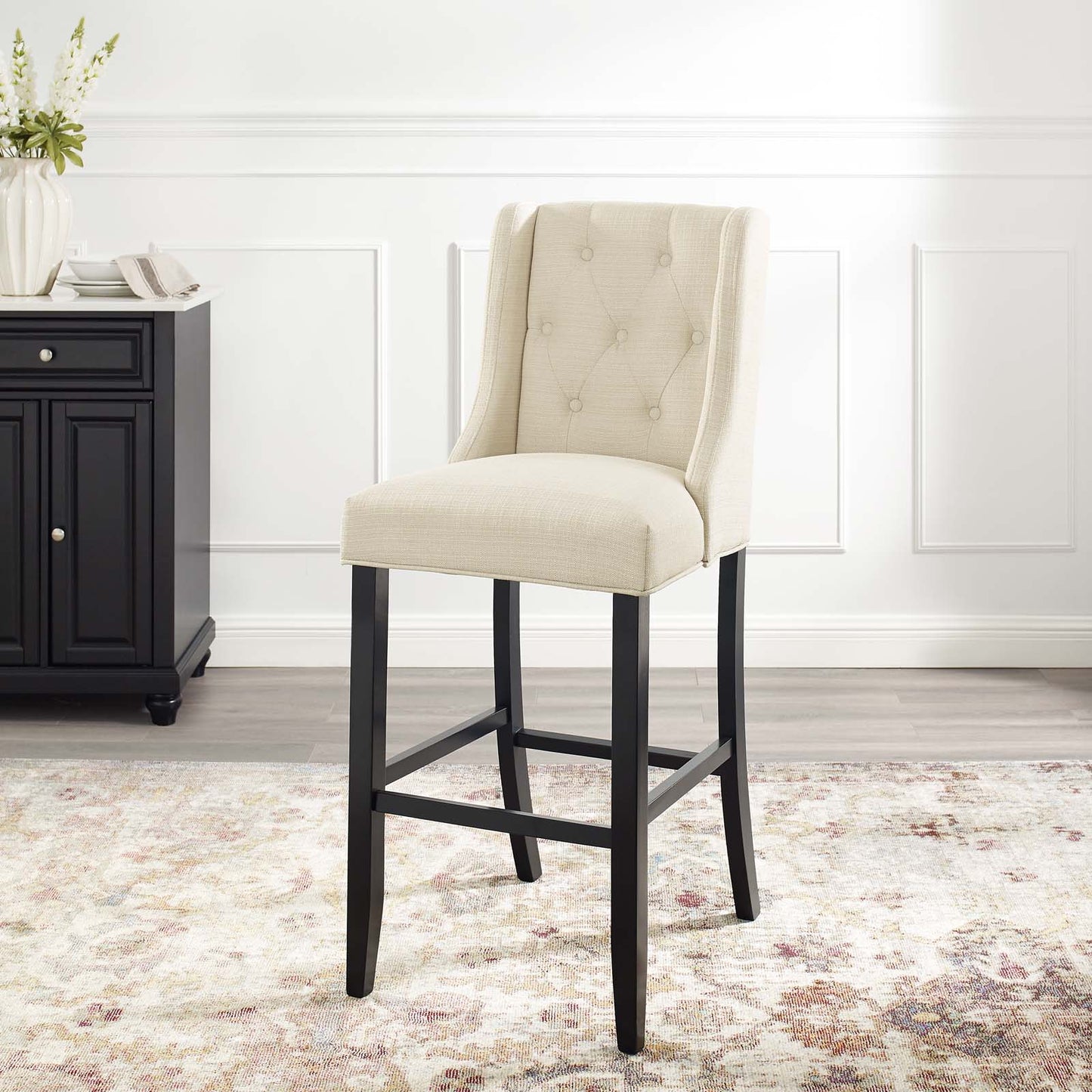 Baronet Tufted Button Upholstered Fabric Bar Stool, Fabric, Wood, Beige, 18338