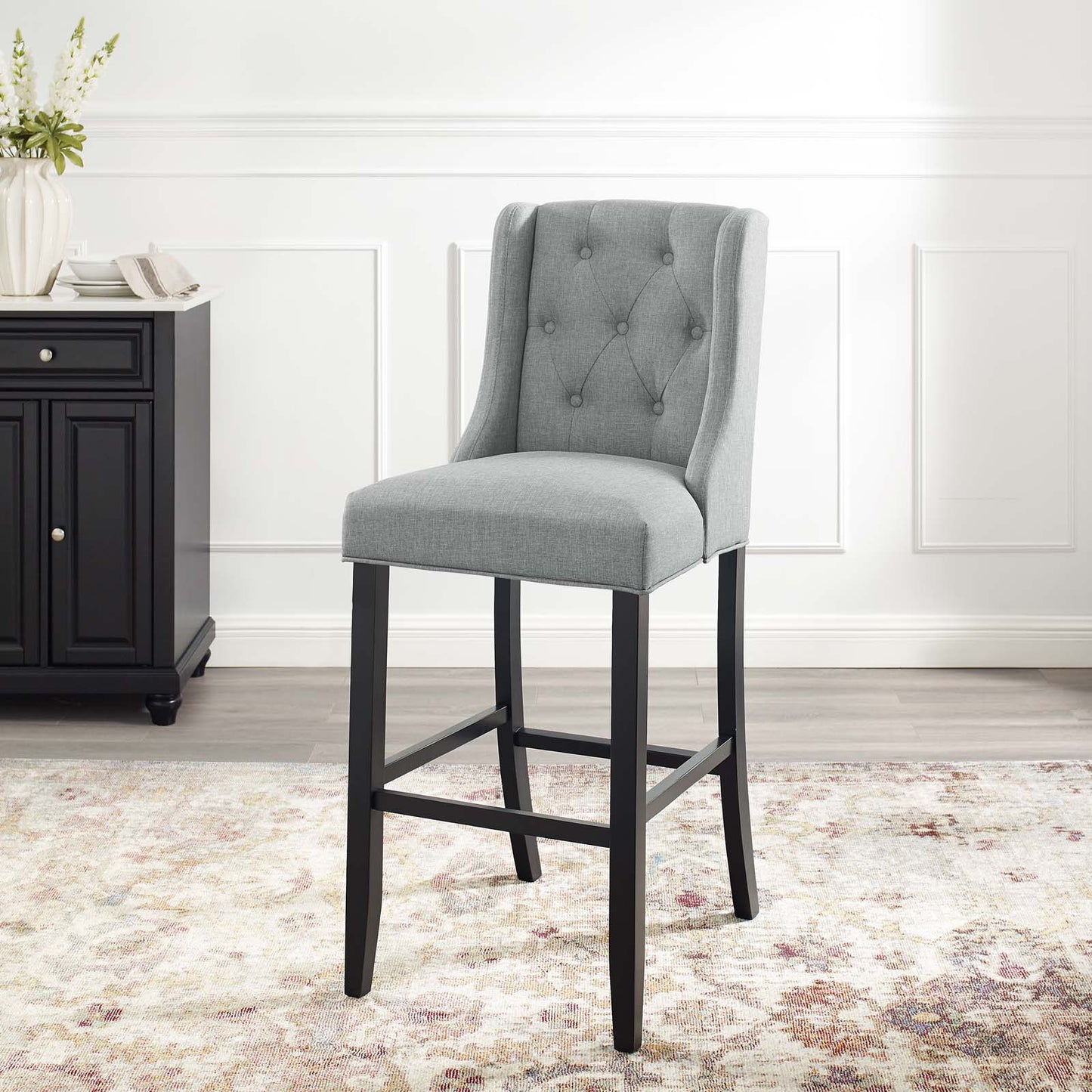 Baronet Tufted Button Upholstered Fabric Bar Stool, Fabric, Wood, Light Grey Gray, 18340