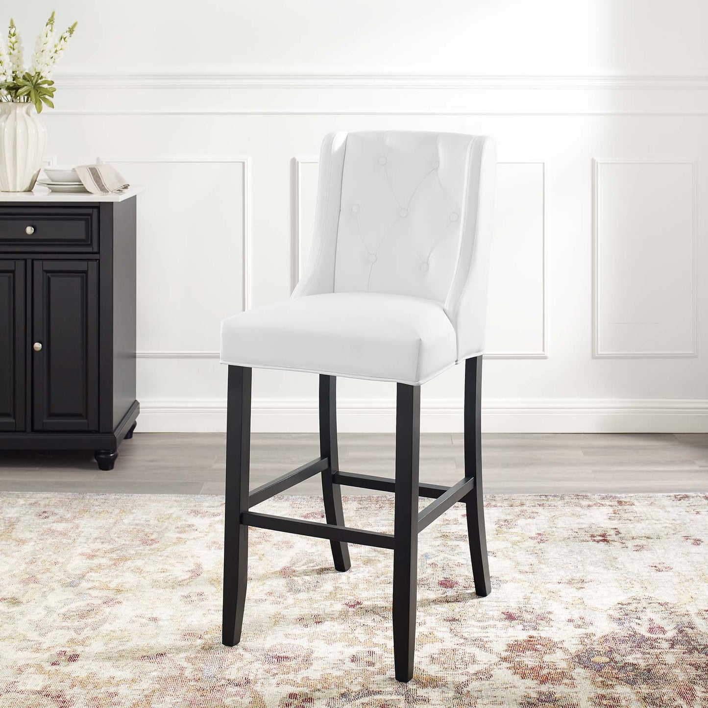 Baronet Tufted Button Faux Leather Bar Stool, Faux Leather, Wood, White, 18342