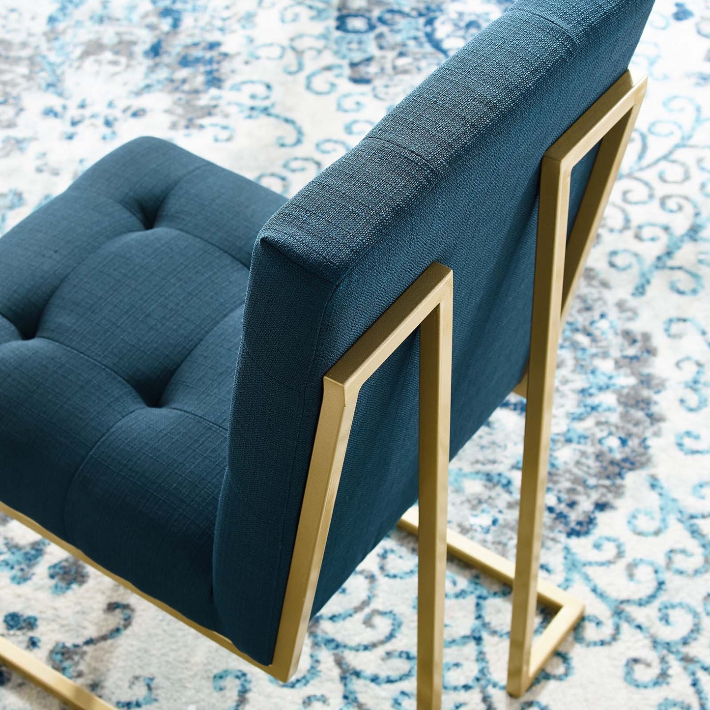 Privy Gold Stainless Steel Upholstered Fabric Dining Accent Chair, Fabric Metal Steel, Gold Navy Blue, 18018