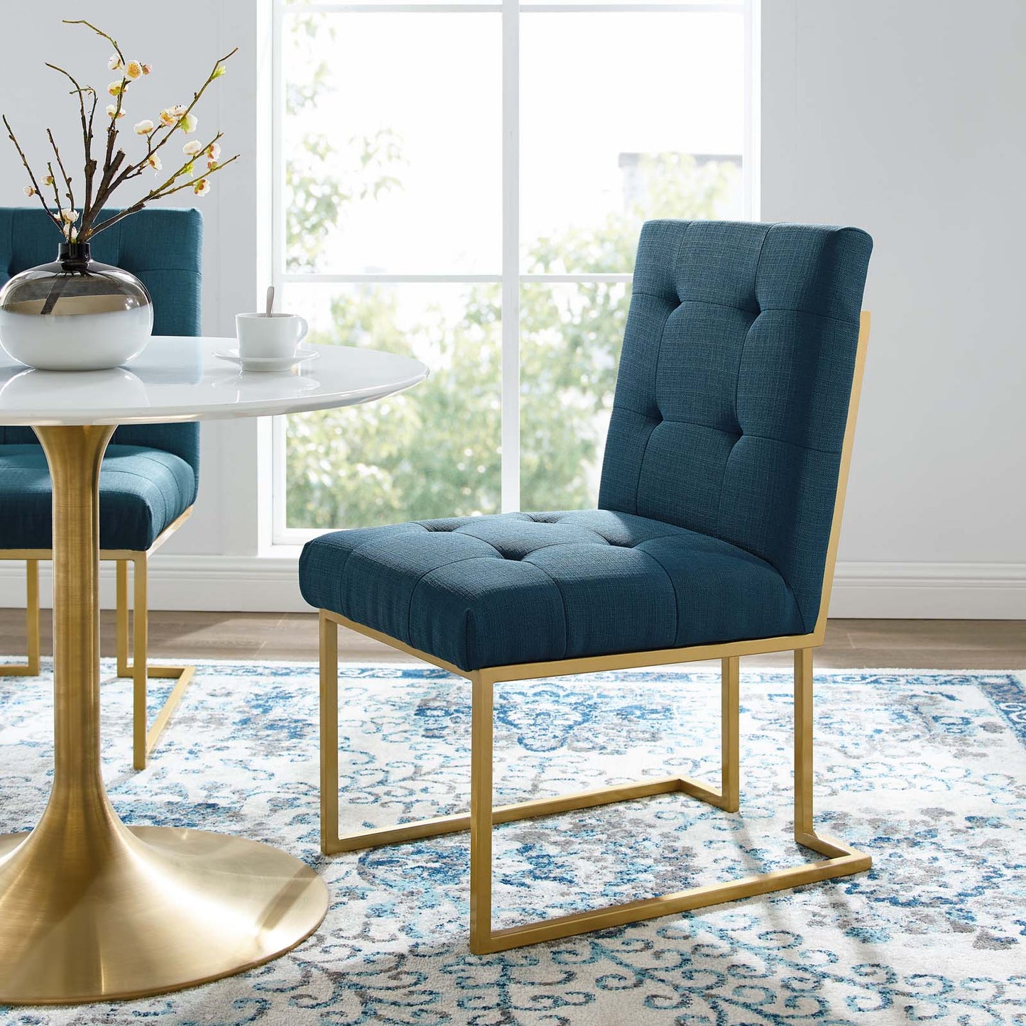 Privy Gold Stainless Steel Upholstered Fabric Dining Accent Chair, Fabric Metal Steel, Gold Navy Blue, 18018