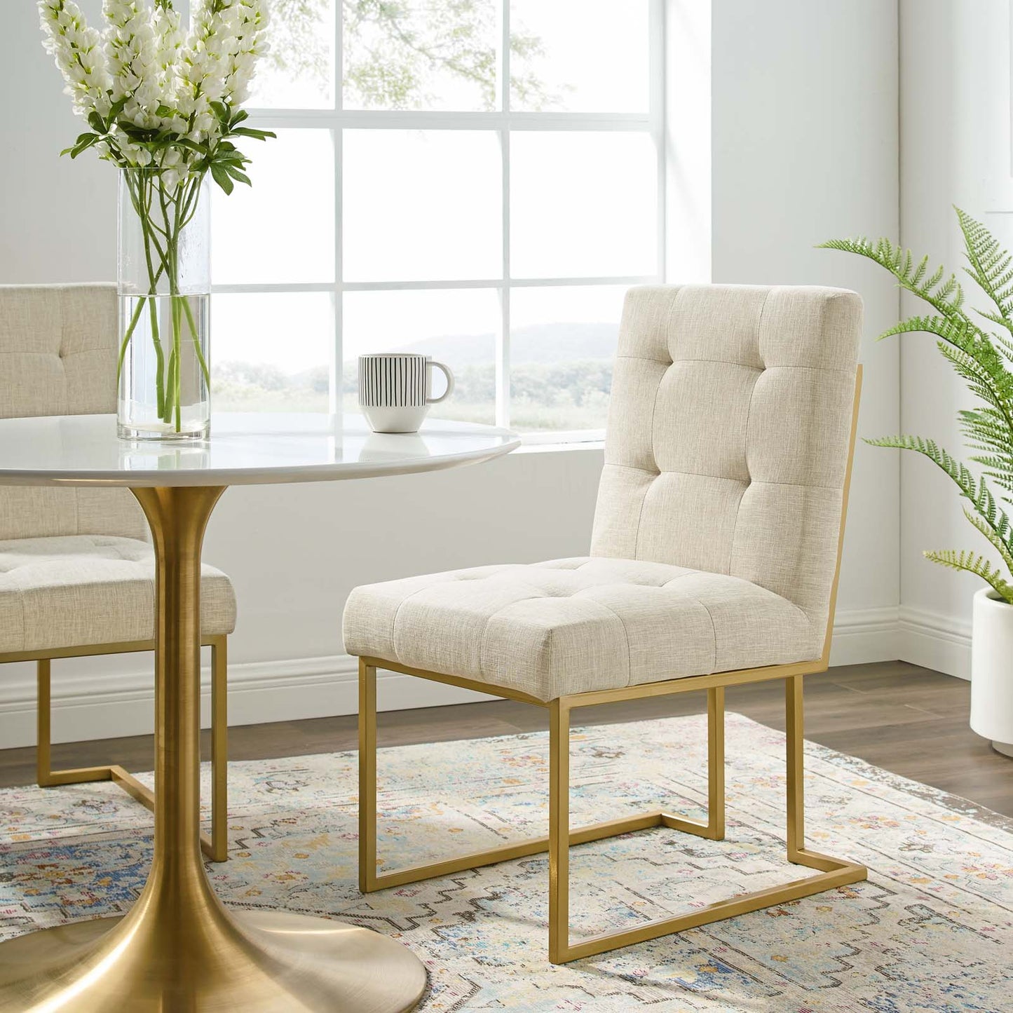 Privy Gold Stainless Steel Upholstered Fabric Dining Accent Chair, Fabric Metal Steel, Gold Beige, 18019